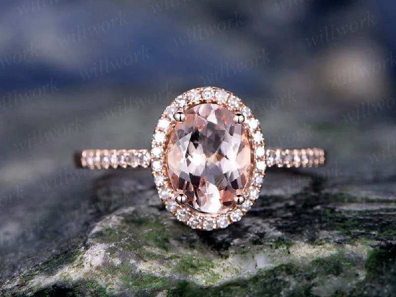 Oval morganite ring morganite engagement ring 14k rose gold real diamond halo ring antique unique half eternity promise bridal wedding ring