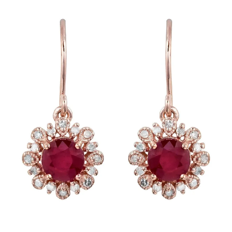 Viducci 10k Rose Gold Genuine Round Ruby and Diamond Vintage Style Halo Earrings