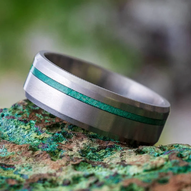 Men's Matte Titanium Wedding Band with Green Wood Pinstripe