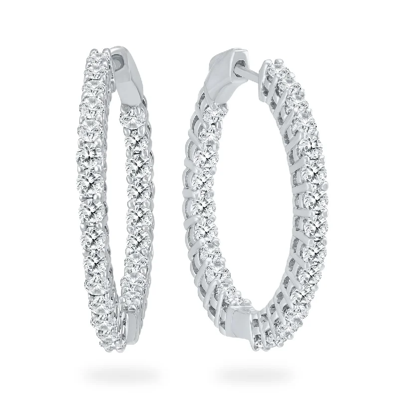 Marquee Certified 3 Carat TW Round Diamond Hoop Earrings with Push Down Button Lock in 14K White Gold