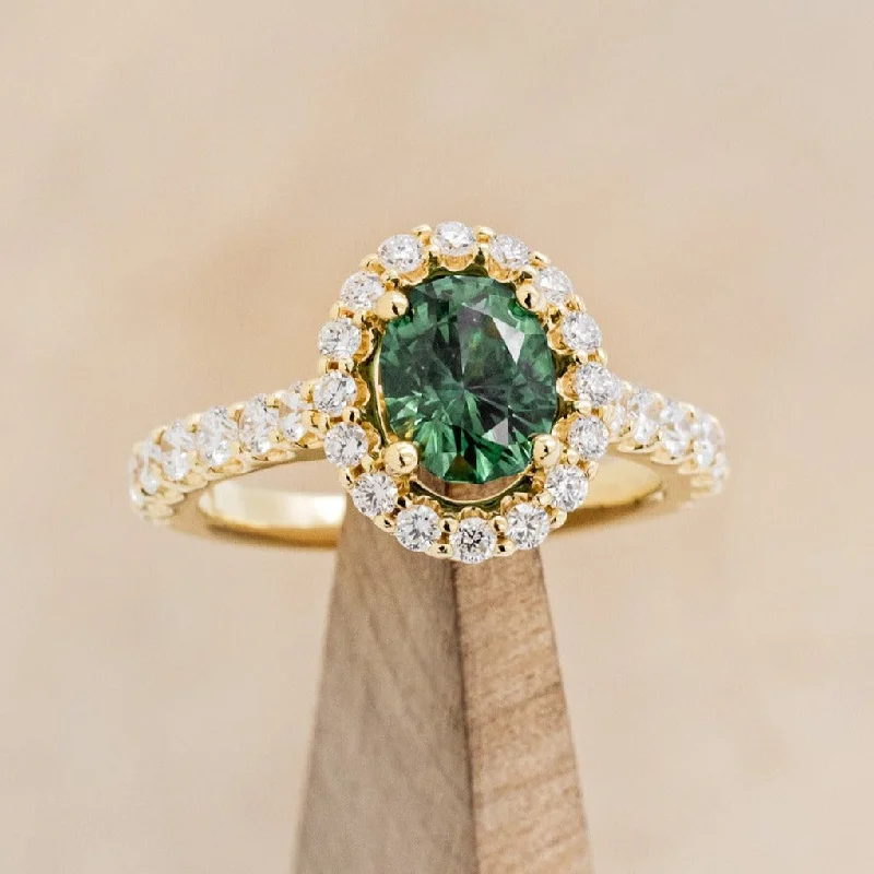 "ADIRA" - OVAL GREEN MOISSANITE ENGAGEMENT RING WITH DIAMOND HALO & ACCENTS