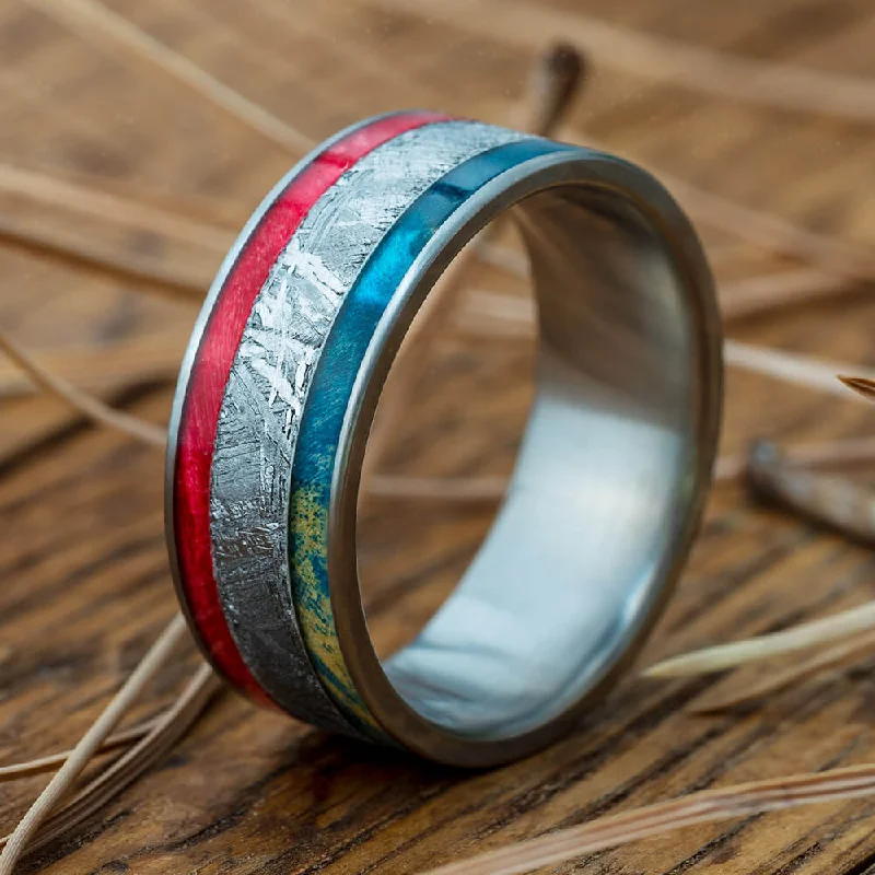 Red and Blue Box Elder Burl Wood Ring with Meteorite