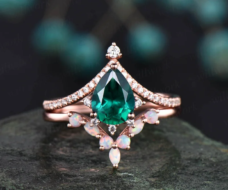 Vintage marquise opal ring gold unique cluster moissanite ring 2pcs teardrop emerald engagement ring set 14k rose gold May birthstone ring