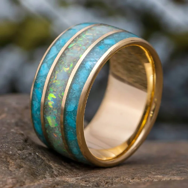 Blue Turquoise and Opal Wedding Band with Gold Sleeve