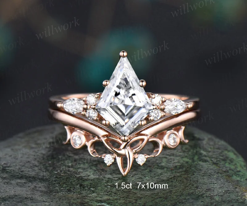 7x10mm kite cut Moissanite engagement ring set solid 14k rose gold marquise cut diamond ring women unique promise anniversary ring gift