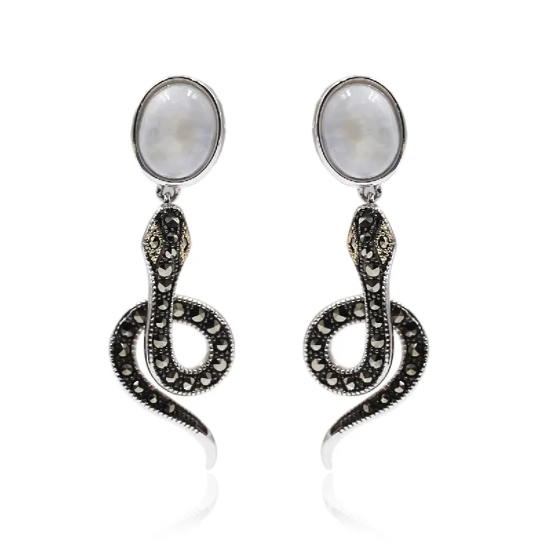 14K Gold & Sterling Silver with Moonstone, Marcasite Earrings