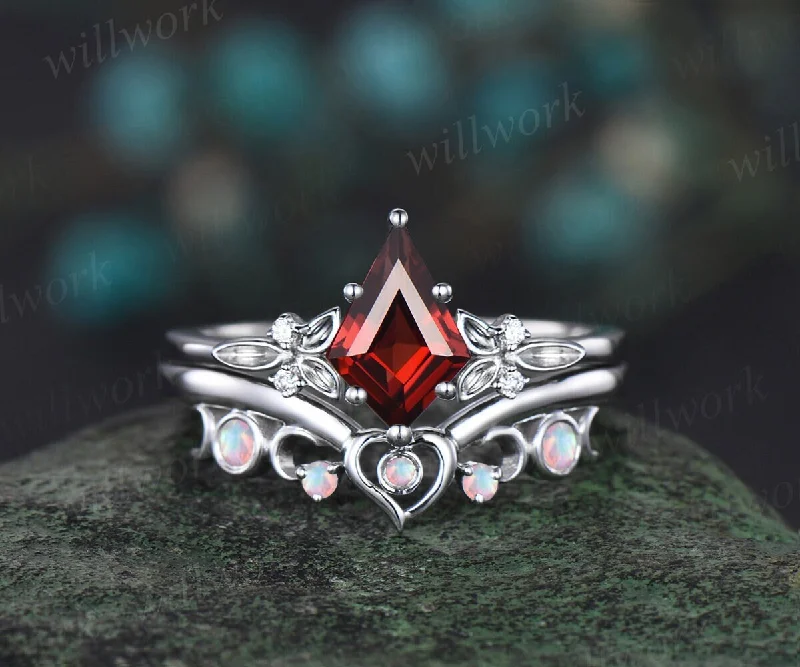 Kite cut red garnet engagement ring solid 14k white gold leaf five stone heart moon opal ring women unique bridal wedding ring jewelry gift