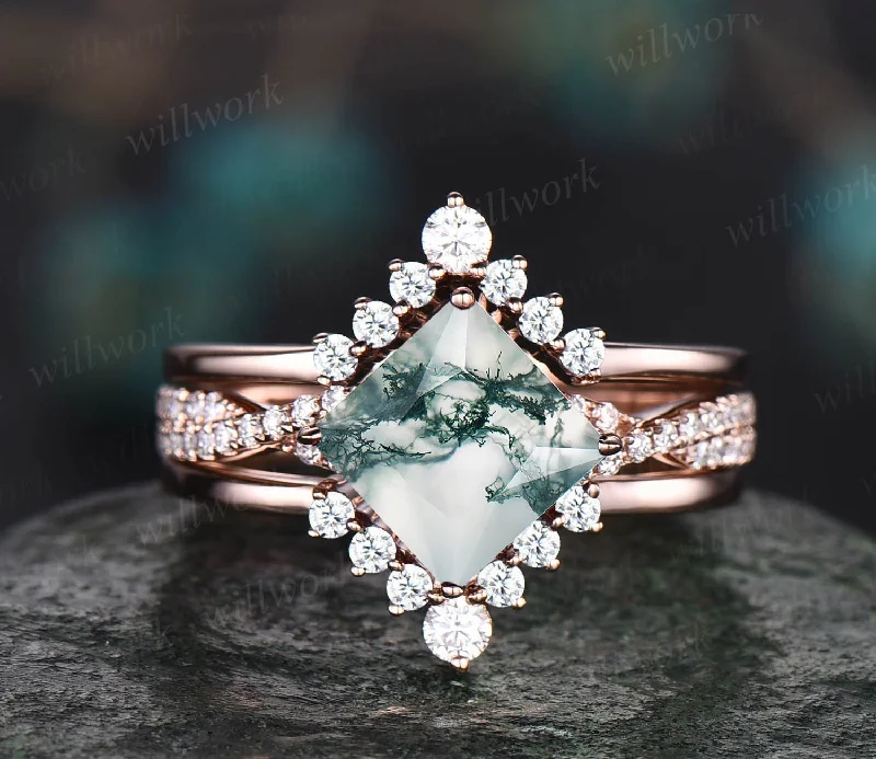 Moss agate ring vintage unique princess cut green moss agate engagement ring set rose gold twisted diamond promise wedding ring set women