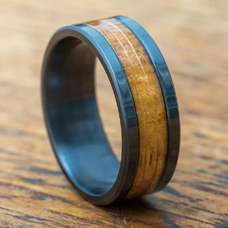 Black Zirconium & Whiskey Barrel Wood Men's Wedding Band