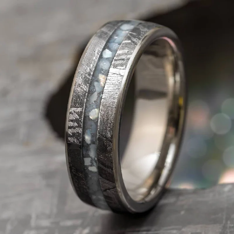 Meteorite Wedding Band with Crushed Mother of Pearl