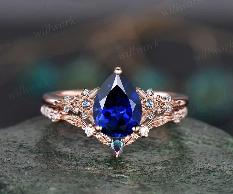 Unique Leaf Flower Nature Inspired Engagement Ring Set Art Deco September Birthstone Blue Sapphire Wedding Ring Alexandrite Moissanite 2pcs Bridal Ring Set