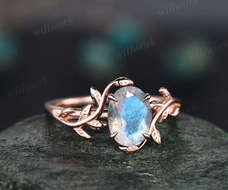 Natural blue labradorite engagement ring art deco leaf twig solitaire ring solid 14k rose gold band alternative moonstone ring jewelry gifts