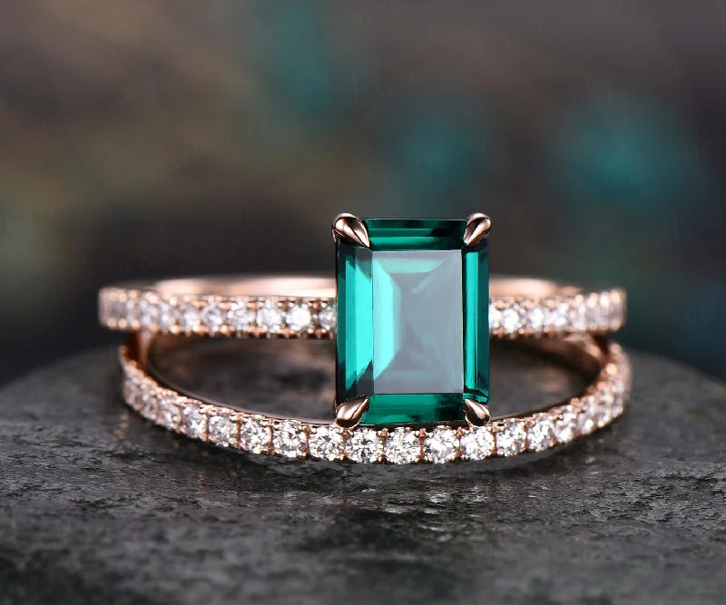 2pcs diamond ring emerald cut emerald engagement ring 14k rose gold May birthstone ring vintage emerald wedding bridal set custom jewelry