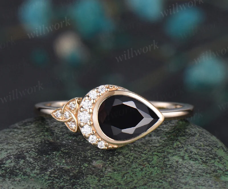 Pear shaped black onyx engagement ring solid 14k yellow gold bezel moon Celtic knot wedding ring women gemstone