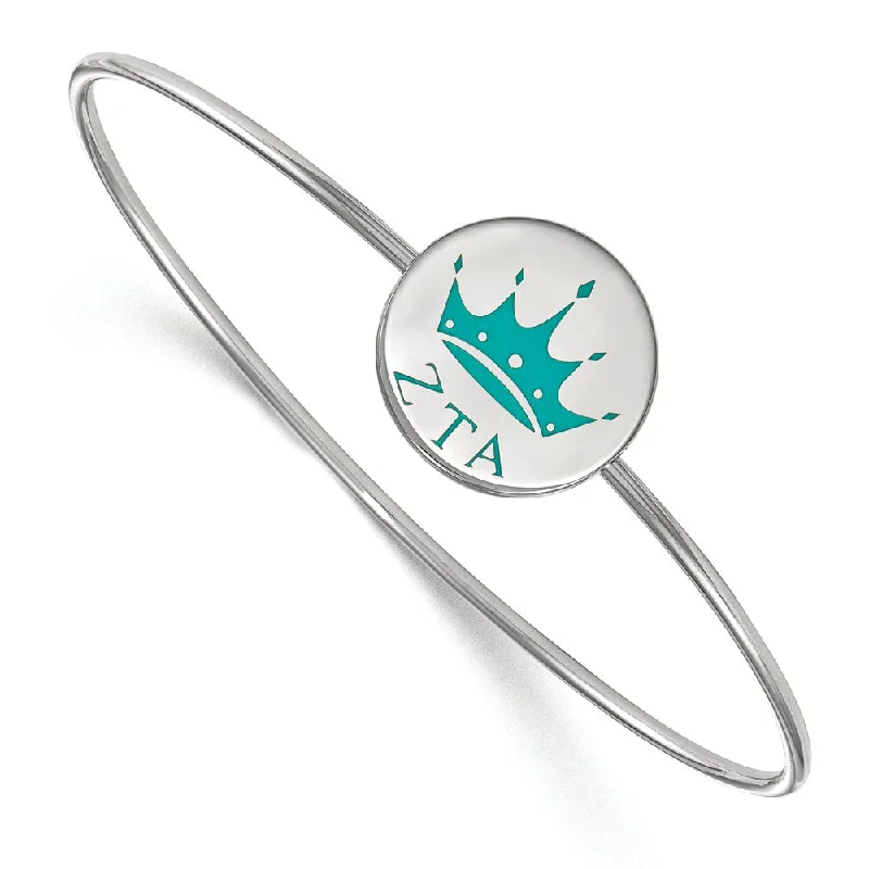 Sterling Silver Zeta Tau Alpha Enamel Teal Crown Bangle - 6 in.