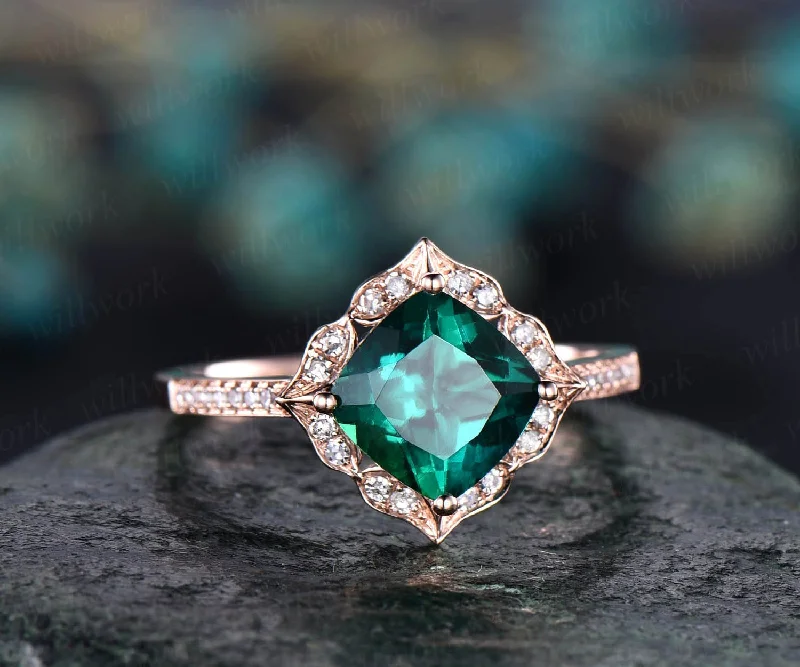 Flower cluster diamond halo ring green emerald engagement ring rose gold cushion emerald ring vintage antique May birthstone wedding ring