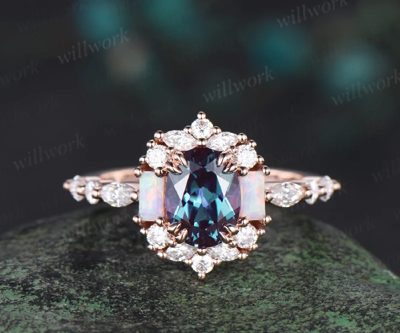 Oval cut alexandrite engagement ring halo diamond ring vintage Baguette cut opal ring rose gold women unique bridal anniversary gift jewelry