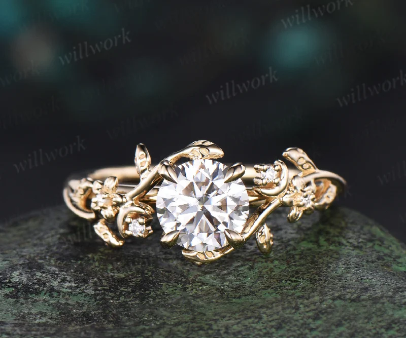 1ct Round cut moissanite engagement ring 14k yellow gold moon floral five stone diamond ring vintage leaf branch promise ring women