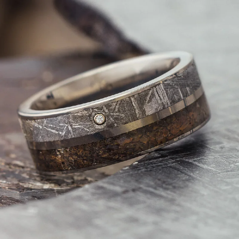 Dinosaur Bone Wedding Band With A Diamond In Meteorite