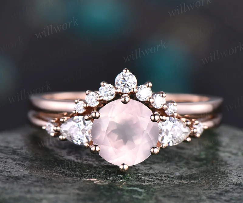 Unique rose quartz wedding ring set vintage rose quartz engagement ring set five stone rose gold ring set moissanite bridal ring set women