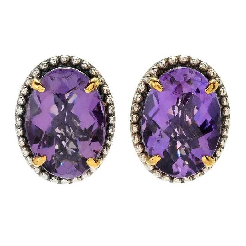 oval Amethyst Beaded Halo Stud Earrings w/ Omega Backs