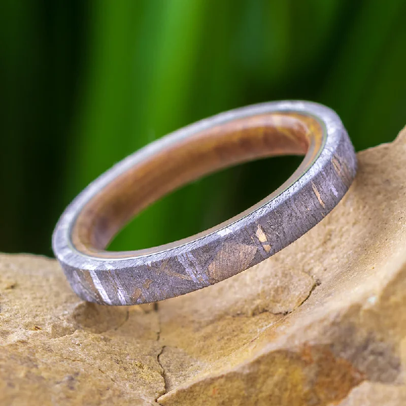 Thin Meteorite Women's Wedding Band With Whiskey Barrel Wood Sleeve