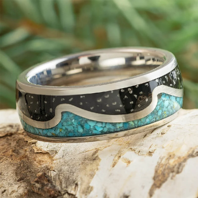 Wavy Wedding Band with Crushed Turquoise and Meteorite Stardust