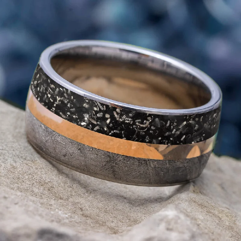 Black Stardust™ & Meteorite Wedding Band with Gold Pinstripe