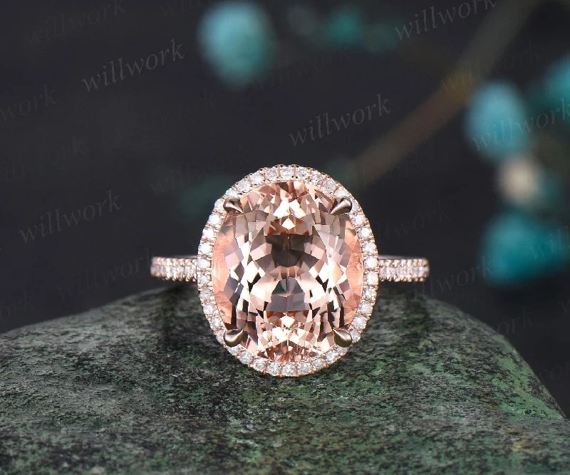 Vintage oval cut morganite engagement ring rose gold half eternity halo diamond promise wedding ring women jewelry