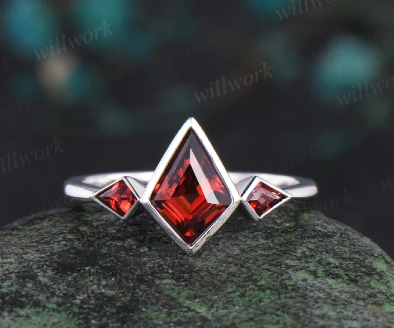 Kite cut red garnet ring vintage white gold bezel three stone unique engagement ring women January birthstone ring gift