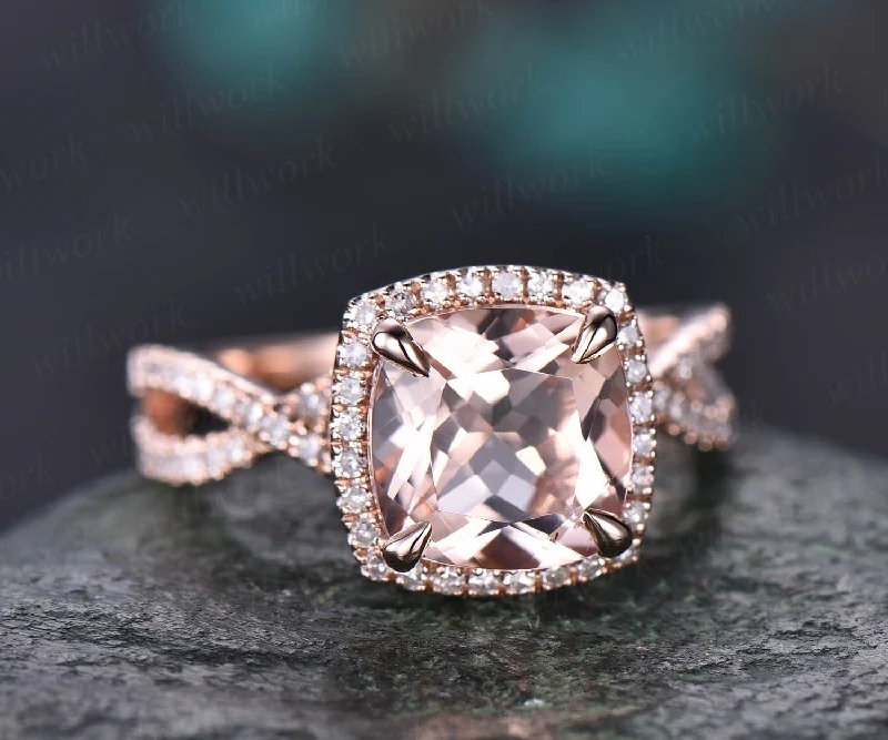 Cushion morganite ring morganite engagement ring rose gold vintage halo diamond ring infinity unique  jewelry promise wedding bridal ring