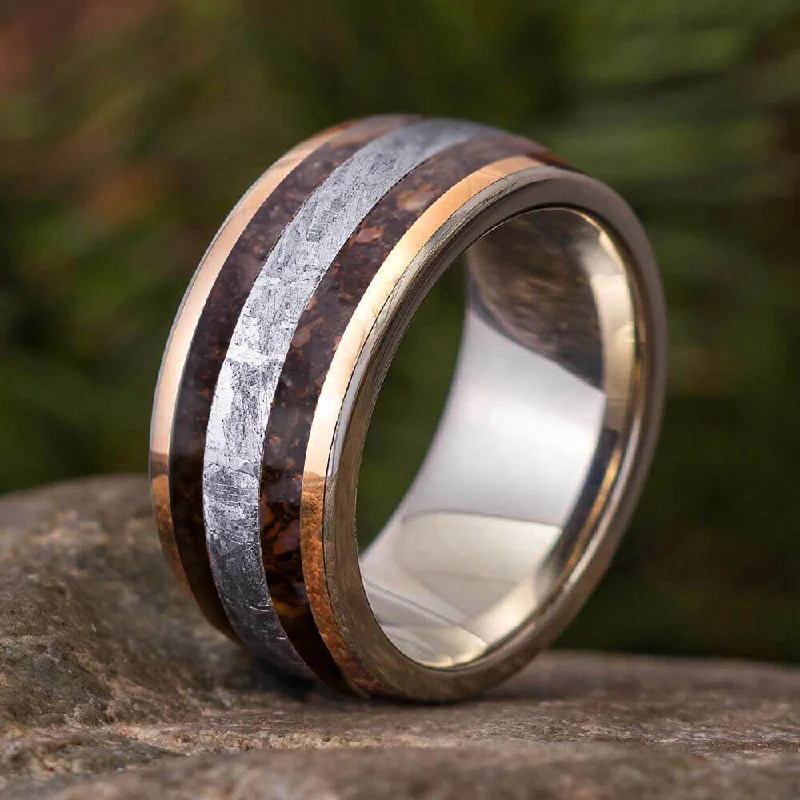 Dinosaur Bone Ring & Meteorite Ring With Gold Pinstripes