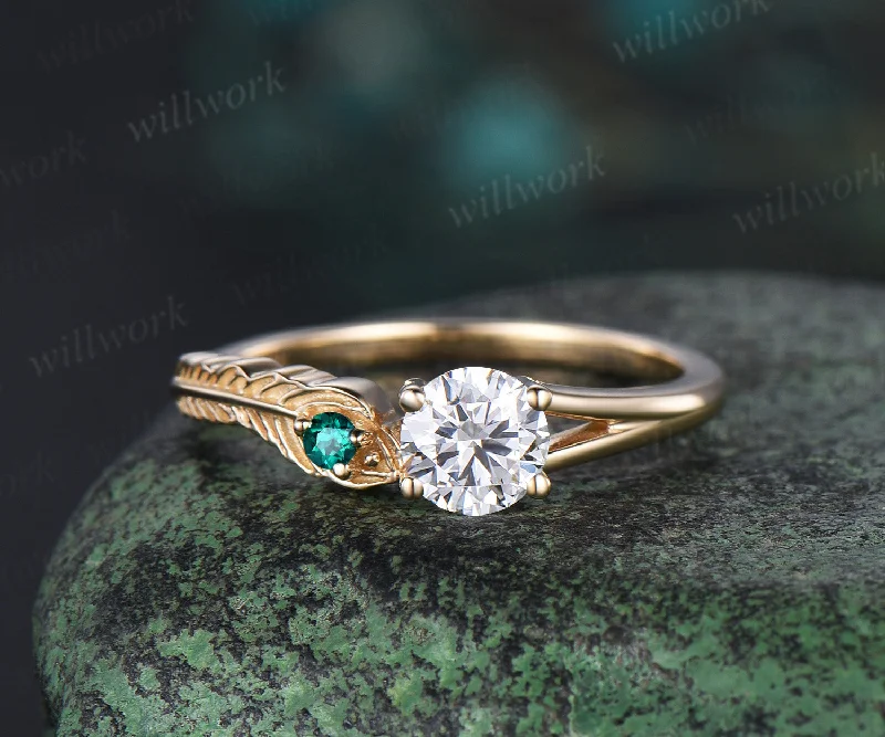 Vintage round cut Moissanite Engagement Ring solid 14k yellow gold Peacock Feather two stone emerald wedding promise ring women gift