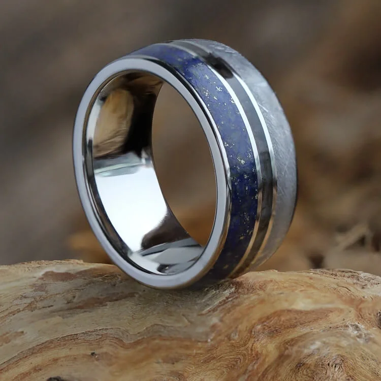 Meteorite, Lapis Lazuli and Dinosaur Bone Men's Wedding Band