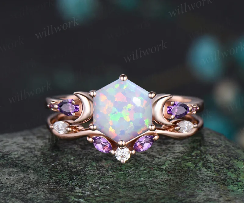 October birthstone Hexagon Opal Engagement Ring Set 14k Rose Gold Amethyst Moissanite Moon Wedding Ring Five Stone 2pcs Bridal Ring Set