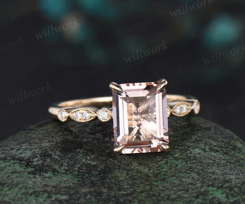 Emerald cut morganite ring vintage yellow gold Milgrain unique engagement ring half eternity diamond wedding promise ring women