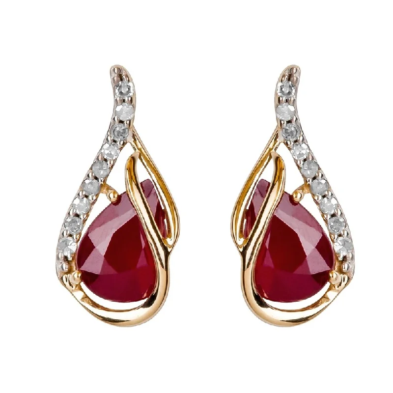 Viducci 10k Yellow Gold Genuine Pear-Shape Ruby and Diamond Curved Halo Drop Earrings