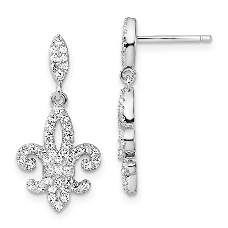 925 Sterling Silver CZ and Brilliant Embers Fleur De Lis Dangle Earrings (L-25 mm, W-12 mm)