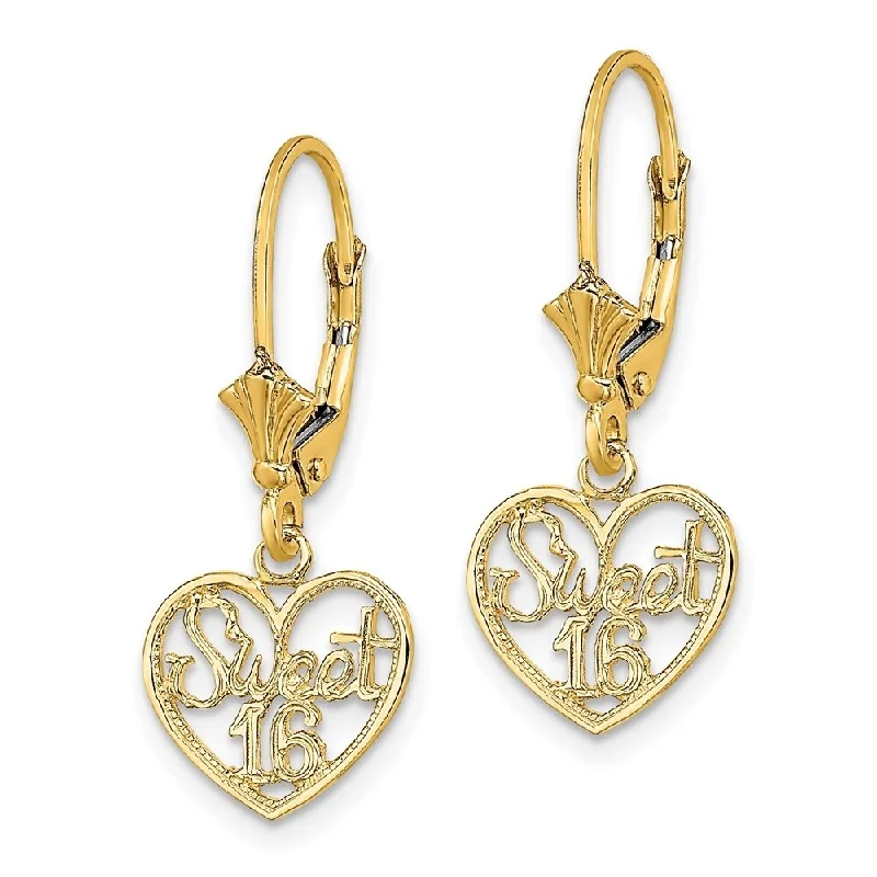 Diamond2Deal 14K Yellow Gold Polished SWEET 16 in Heart Leverback Dangle Earrings (L- 27.15 mm, W- 11.25 mm)