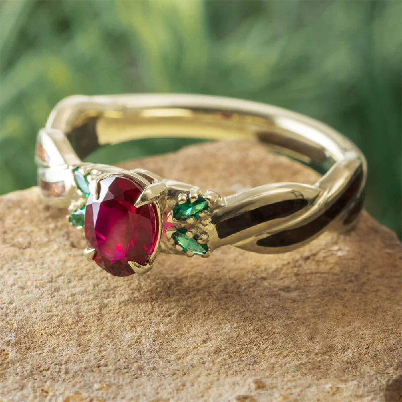 Redwood, Ruby, and Emerald Engagement Ring in White Gold